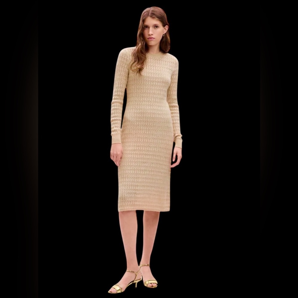 Gold shimmer pointelle midi sweater dress w/slip - Picture 2 of 8